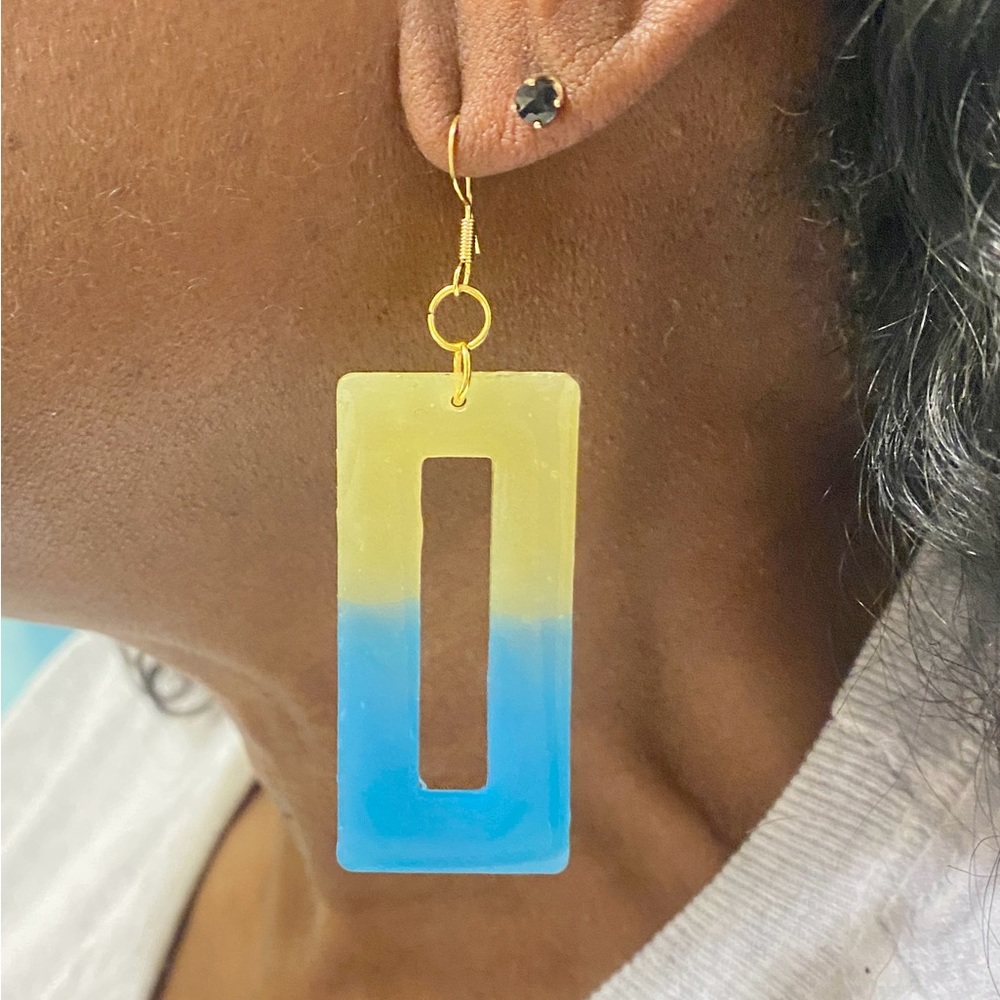 UV Resin Gradient Yellow and Blue Rectangular Earrings